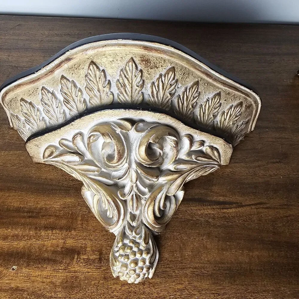 Vintage Pair of Italian-Style Wall Sconce Shelves – Distressed Ivory & Gold